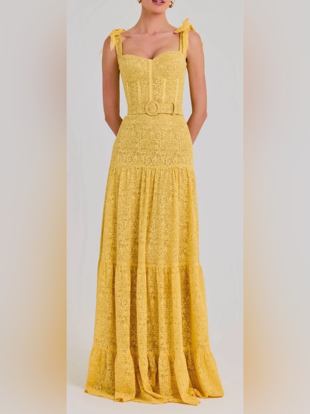 NEW NADINE MERABI Miranda Lace Yellow Belted Gown sz 6